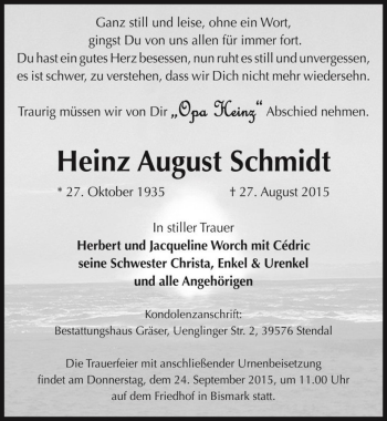 Traueranzeige von Heinz August Schmidt  von Magdeburger Volksstimme