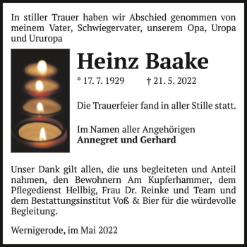 Traueranzeige von Heinz Baake  von Magdeburger Volksstimme