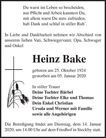 Traueranzeige von Heinz Bake  von Magdeburger Volksstimme