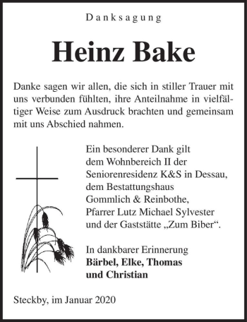 Traueranzeige von Heinz Bake  von Magdeburger Volksstimme
