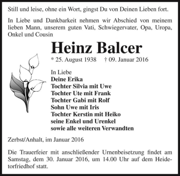 Traueranzeige von Heinz Balcer  von Magdeburger Volksstimme