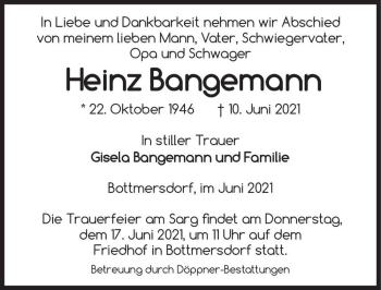 Traueranzeige von Heinz Bangemann  von Magdeburger Volksstimme