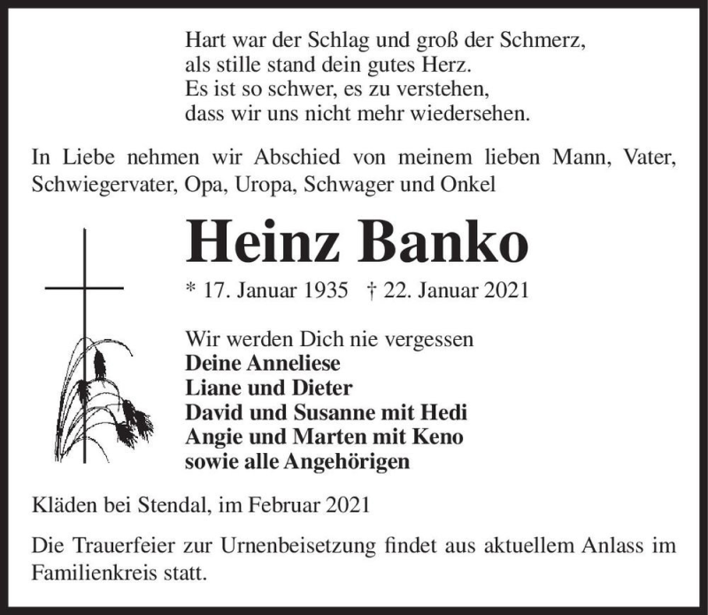  Traueranzeige für Heinz Banko  vom 05.02.2021 aus Magdeburger Volksstimme
