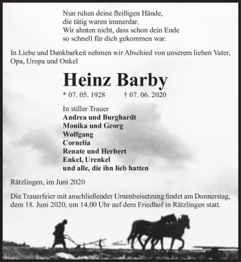 Traueranzeige von Heinz Barby  von Magdeburger Volksstimme