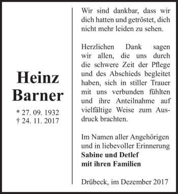 Traueranzeige von Heinz Barner  von Magdeburger Volksstimme
