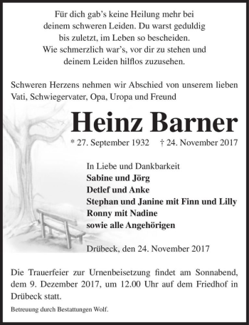 Traueranzeige von Heinz Barner  von Magdeburger Volksstimme