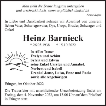 Traueranzeige von Heinz Barnieck  von Magdeburger Volksstimme