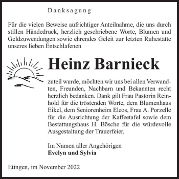 Traueranzeige von Heinz Barnieck  von Magdeburger Volksstimme