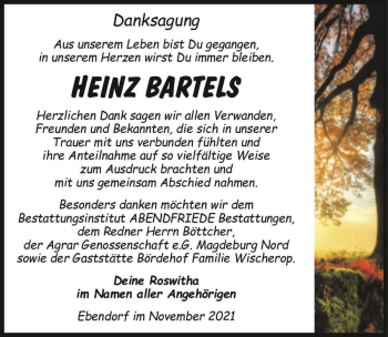 Traueranzeige von Heinz Bartels  von Magdeburger Volksstimme