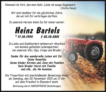 Traueranzeige von Heinz Bartels  von Magdeburger Volksstimme