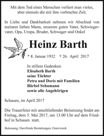 Traueranzeige von Heinz Barth  von Magdeburger Volksstimme
