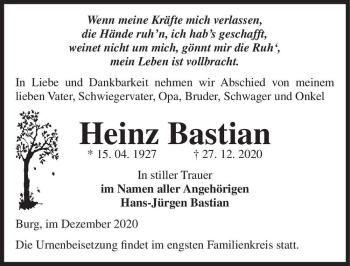 Traueranzeige von Heinz Bastian  von Magdeburger Volksstimme