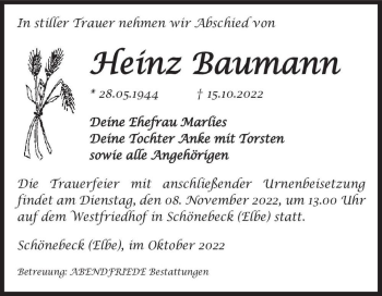 Traueranzeige von Heinz Baumann  von Magdeburger Volksstimme