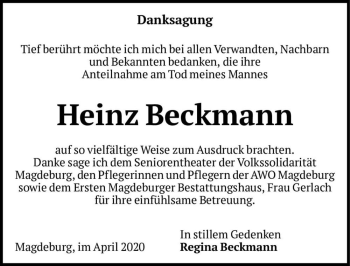 Traueranzeige von Heinz Beckmann  von Magdeburger Volksstimme