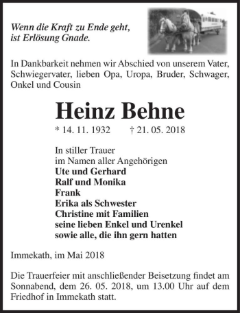 Traueranzeige von Heinz Behne  von Magdeburger Volksstimme