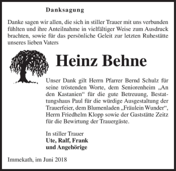 Traueranzeige von Heinz Behne  von Magdeburger Volksstimme