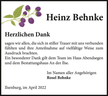 Traueranzeige von Heinz Behnke  von Magdeburger Volksstimme