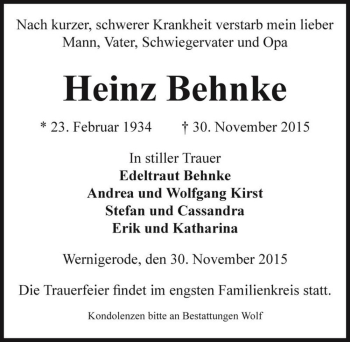 Traueranzeige von Heinz Behnke  von Magdeburger Volksstimme