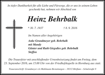 Traueranzeige von Heinz Behrbalk  von Magdeburger Volksstimme