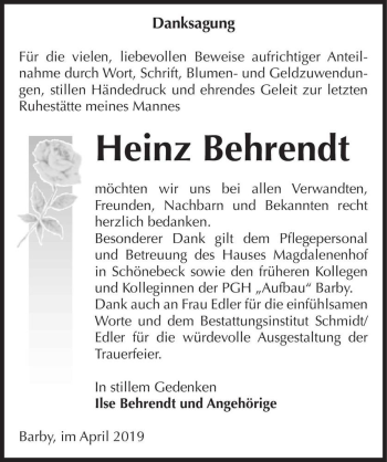 Traueranzeige von Heinz Behrendt  von Magdeburger Volksstimme