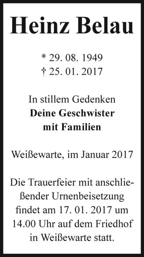  Traueranzeige für Heinz Belau  vom 04.02.2017 aus Magdeburger Volksstimme