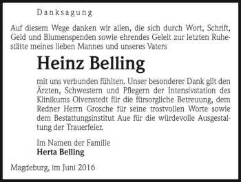 Traueranzeige von Heinz Belling  von Magdeburger Volksstimme