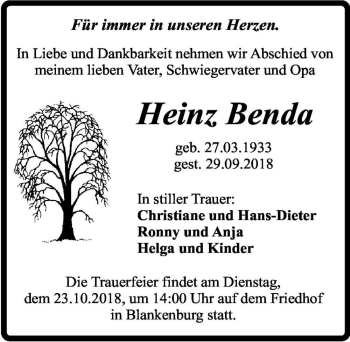 Traueranzeige von Heinz Benda  von Magdeburger Volksstimme
