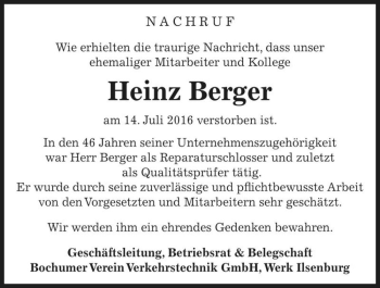 Traueranzeige von Heinz Berger  von Magdeburger Volksstimme