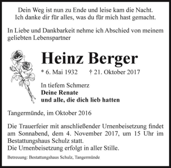 Traueranzeige von Heinz Berger  von Magdeburger Volksstimme