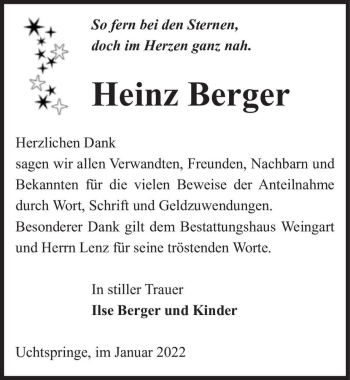 Traueranzeige von Heinz Berger  von Magdeburger Volksstimme