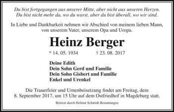 Traueranzeige von Heinz Berger  von Magdeburger Volksstimme