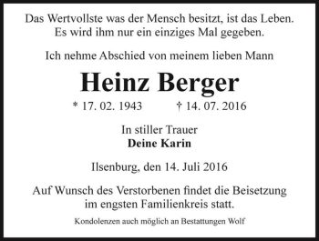 Traueranzeige von Heinz Berger  von Magdeburger Volksstimme