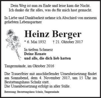 Traueranzeige von Heinz Berger  von Magdeburger Volksstimme