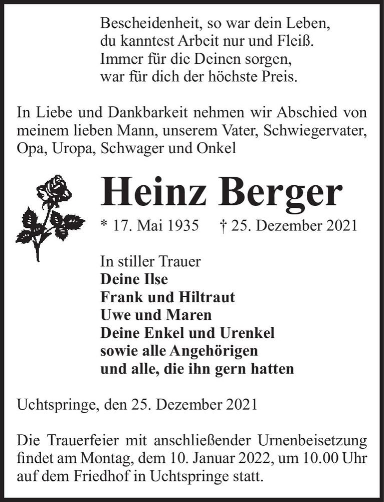  Traueranzeige für Heinz Berger  vom 29.12.2021 aus Magdeburger Volksstimme