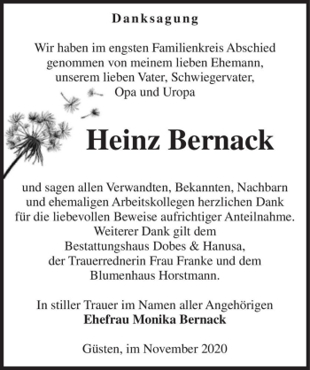 Traueranzeige von Heinz Bernack  von Magdeburger Volksstimme