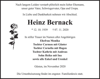 Traueranzeige von Heinz Bernack  von Magdeburger Volksstimme