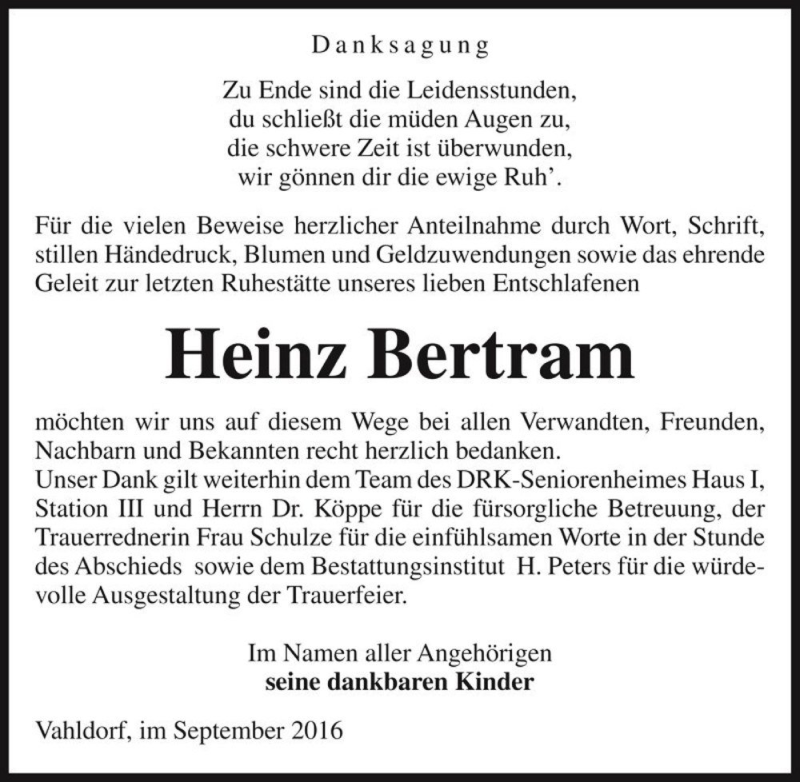  Traueranzeige für Heinz Bertram  vom 24.09.2016 aus Magdeburger Volksstimme