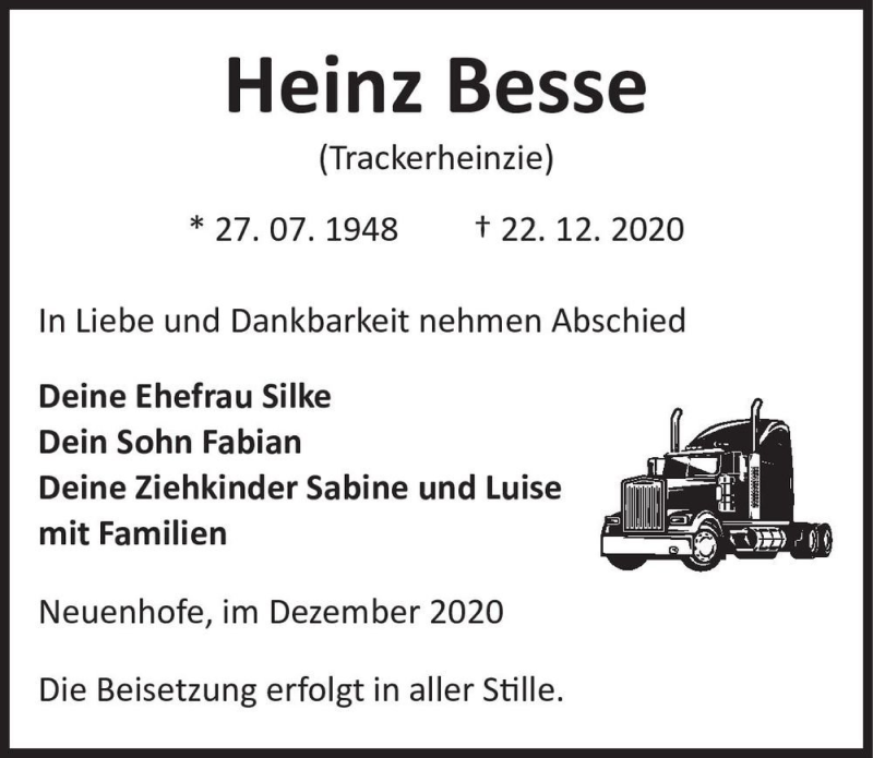  Traueranzeige für Heinz Besse (Trackerheinzie)  vom 28.12.2020 aus Magdeburger Volksstimme