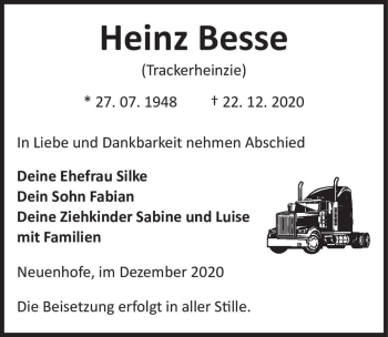 Traueranzeige von Heinz Besse (Trackerheinzie)  von Magdeburger Volksstimme