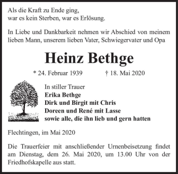 Traueranzeige von Heinz Bethge  von Magdeburger Volksstimme