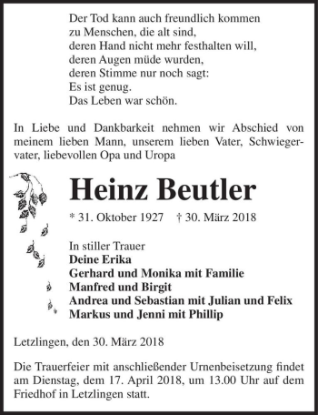 Traueranzeige von Heinz Beutler  von Magdeburger Volksstimme