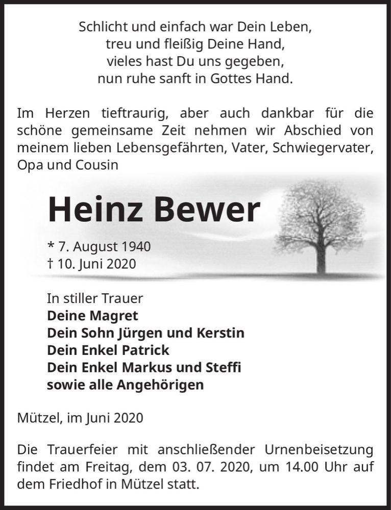  Traueranzeige für Heinz Bewer  vom 20.06.2020 aus Magdeburger Volksstimme