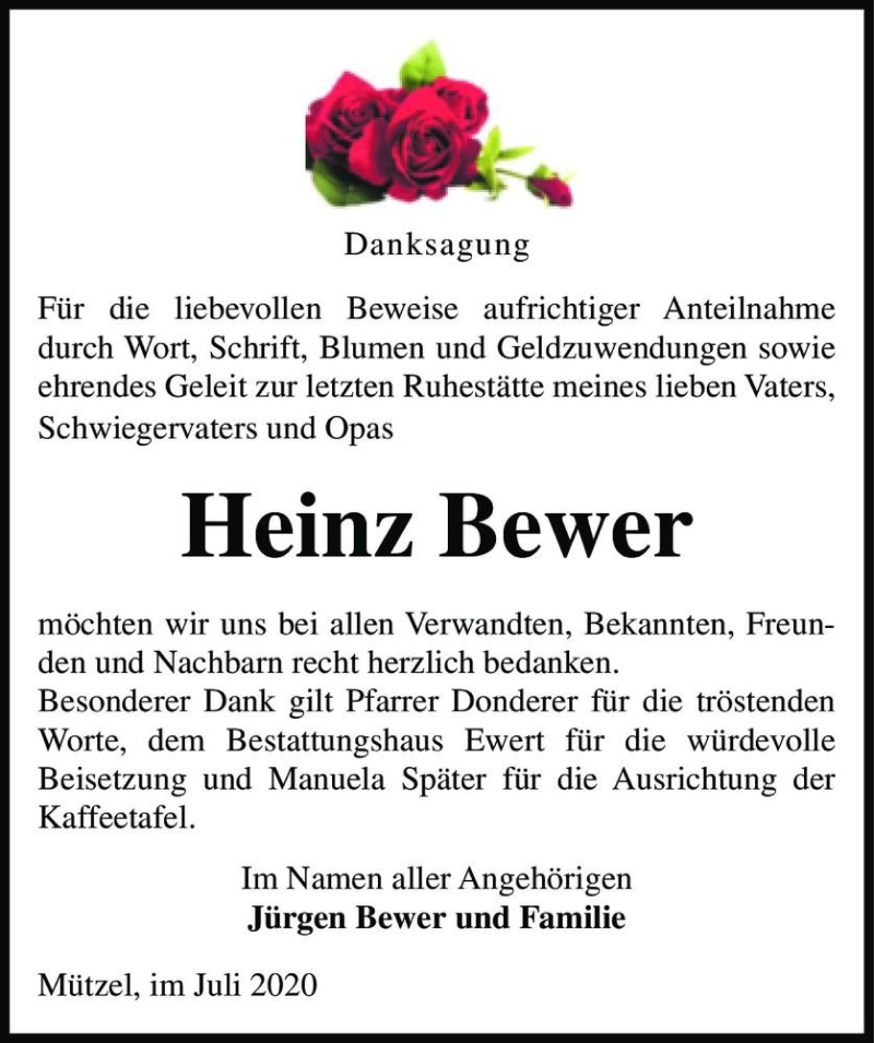  Traueranzeige für Heinz Bewer  vom 11.07.2020 aus Magdeburger Volksstimme