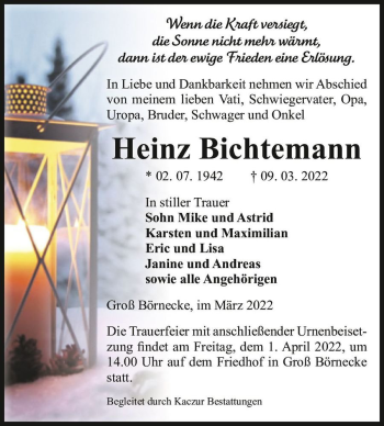Traueranzeige von Heinz Bichtemann  von Magdeburger Volksstimme