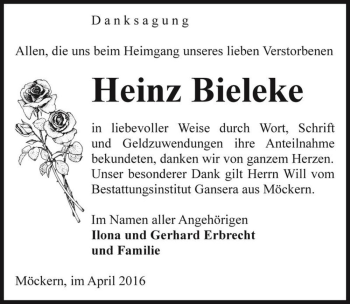 Traueranzeige von Heinz Bieleke  von Magdeburger Volksstimme