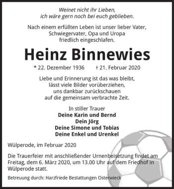 Traueranzeige von Heinz Binnewies  von Magdeburger Volksstimme
