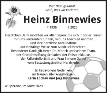 Traueranzeige von Heinz Binnewies  von Magdeburger Volksstimme