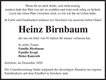 Traueranzeige von Heinz Birnbaum  von Magdeburger Volksstimme