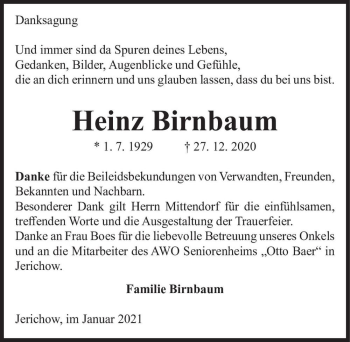 Traueranzeige von Heinz Birnbaum  von Magdeburger Volksstimme