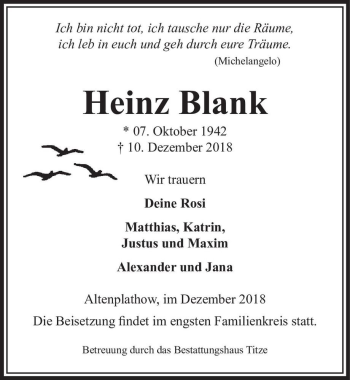 Traueranzeige von Heinz Blank  von Magdeburger Volksstimme